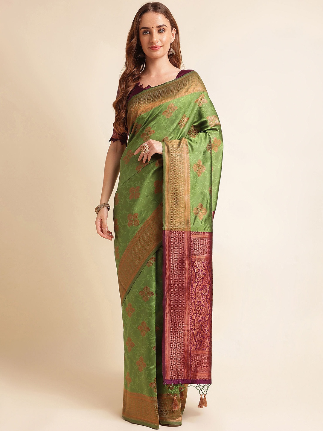 

KALINI Ethnic Motifs Woven Design Zari Detail Pure Silk Banarasi Saree, Green