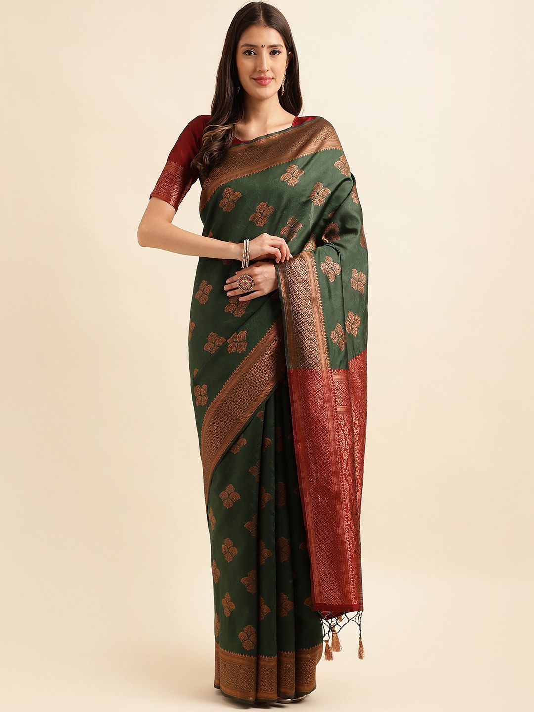 

KALINI Ethnic Motifs Woven Design Zari Detail Pure Silk Banarasi Saree, Green