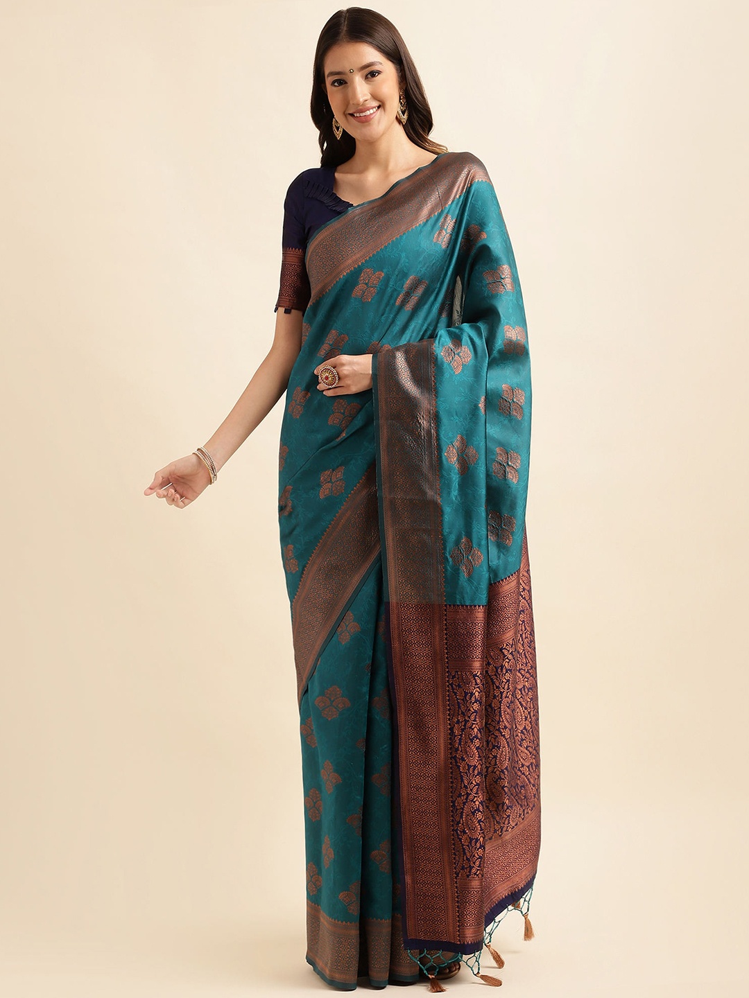 

KALINI Ethnic Motifs Woven Design Zari Detail Pure Silk Banarasi Saree, Sea green