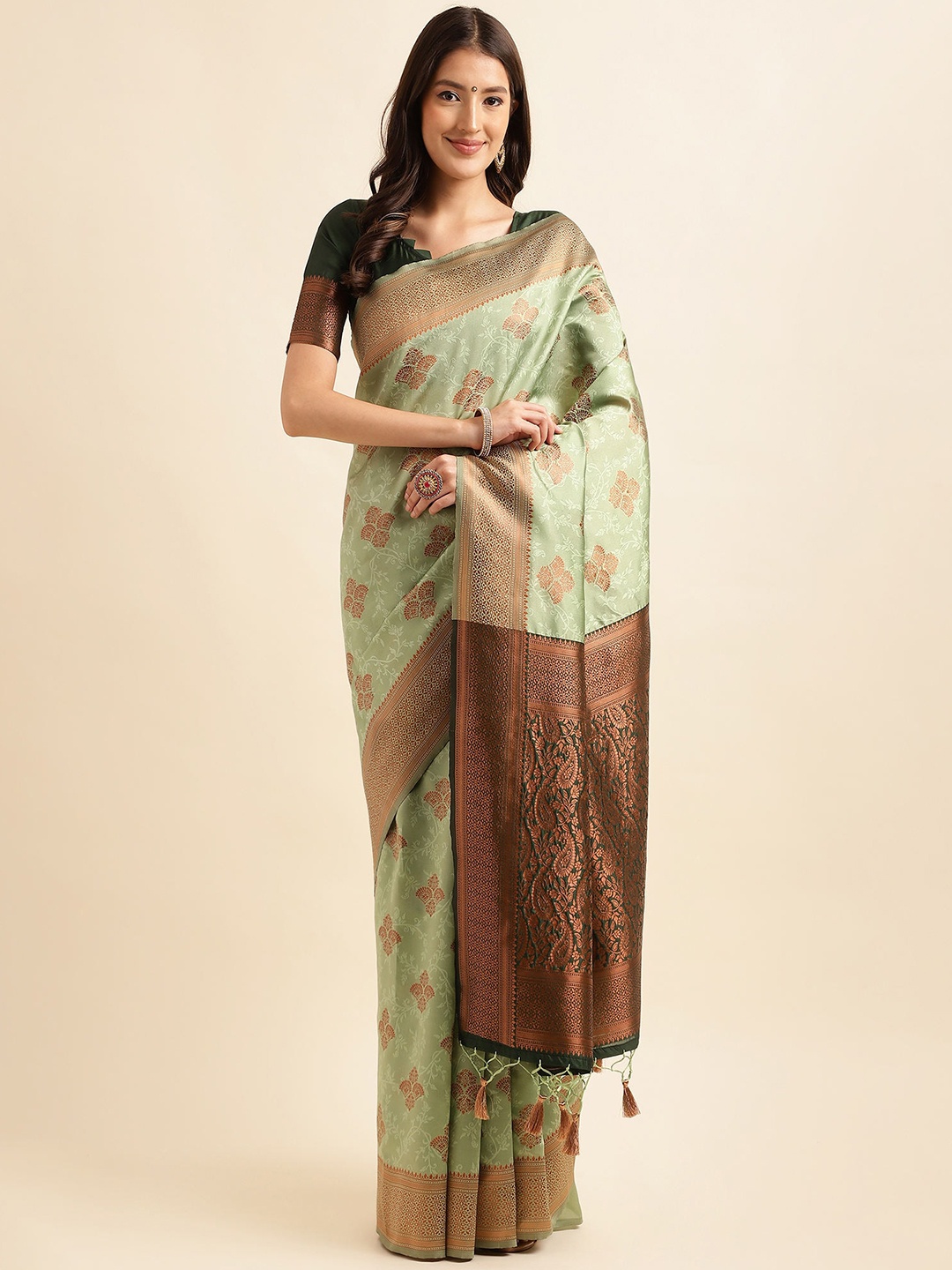 

KALINI Floral Woven Design Zari Pure Silk Saree, Green