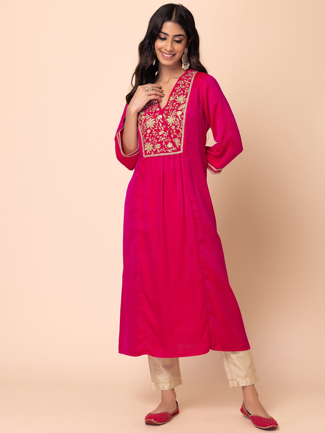 

INDYA Floral Embroidered Yoke V-Neck A-Line Kurta, Pink