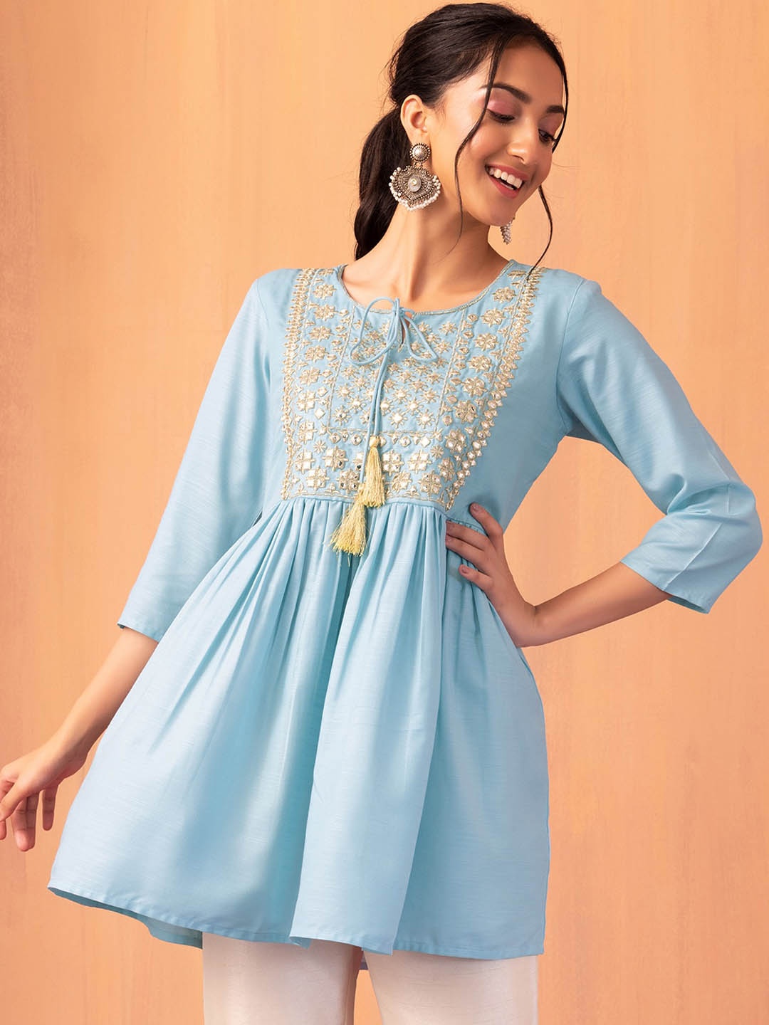 

INDYA Embroidered Tie-Up Neck Zari A-Line Kurti, Blue