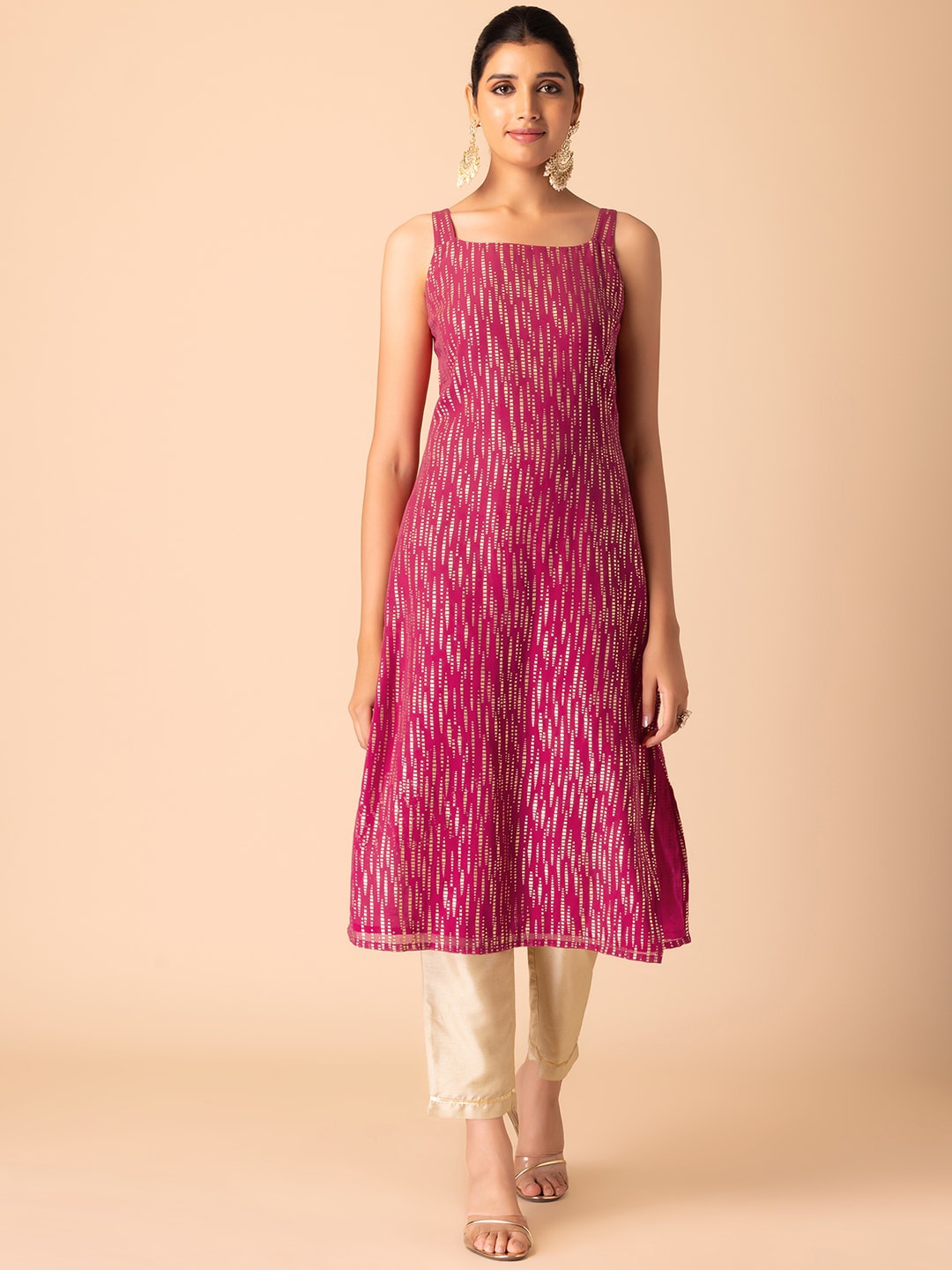 

INDYA Abstract Foil Printed Square Neck Shoulder Straps Straight Kurta, Pink