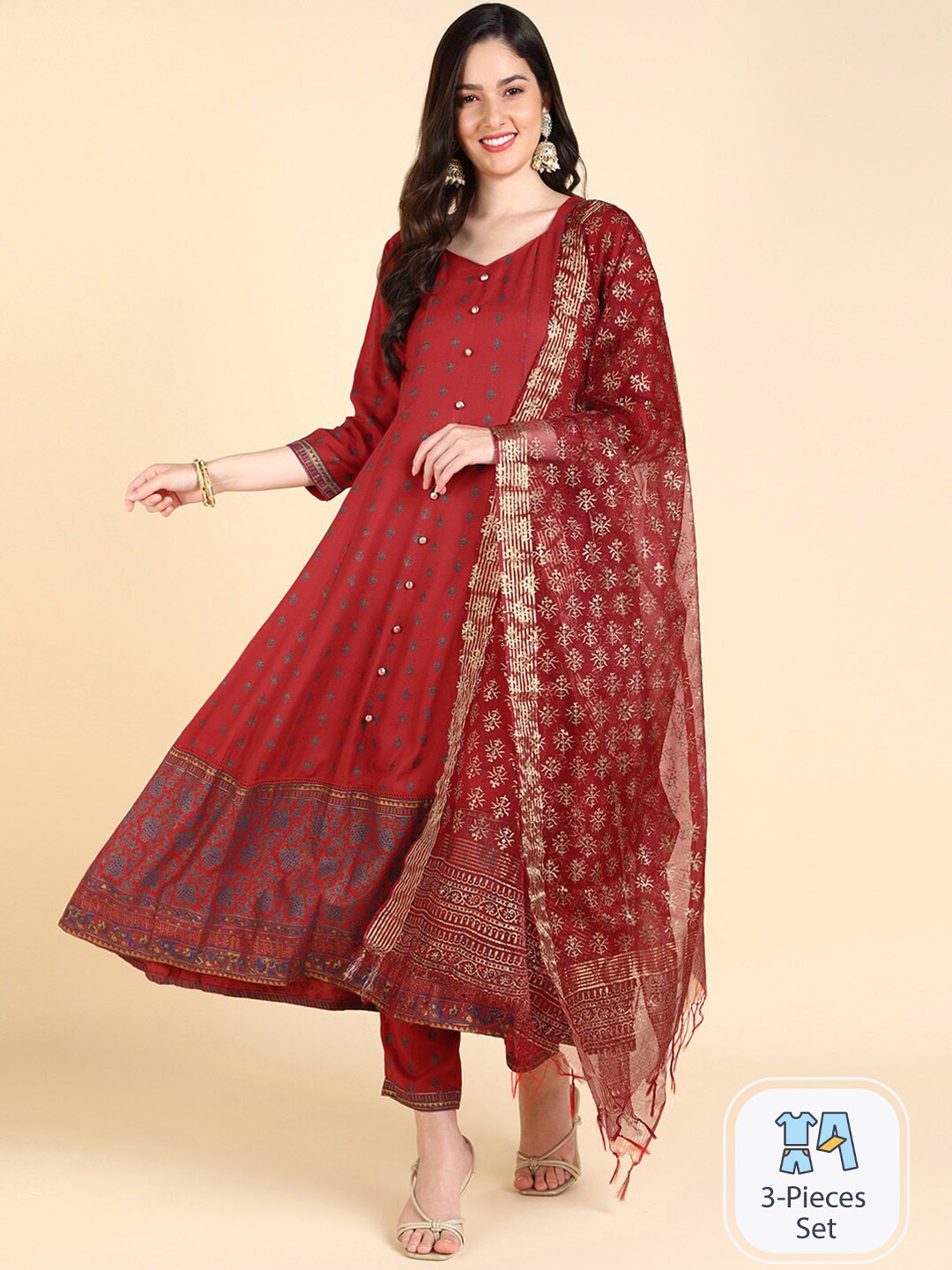 

HERE&NOW Ethnic Motifs Printed Anarkali Kurta & Trousers With Dupatta, Red