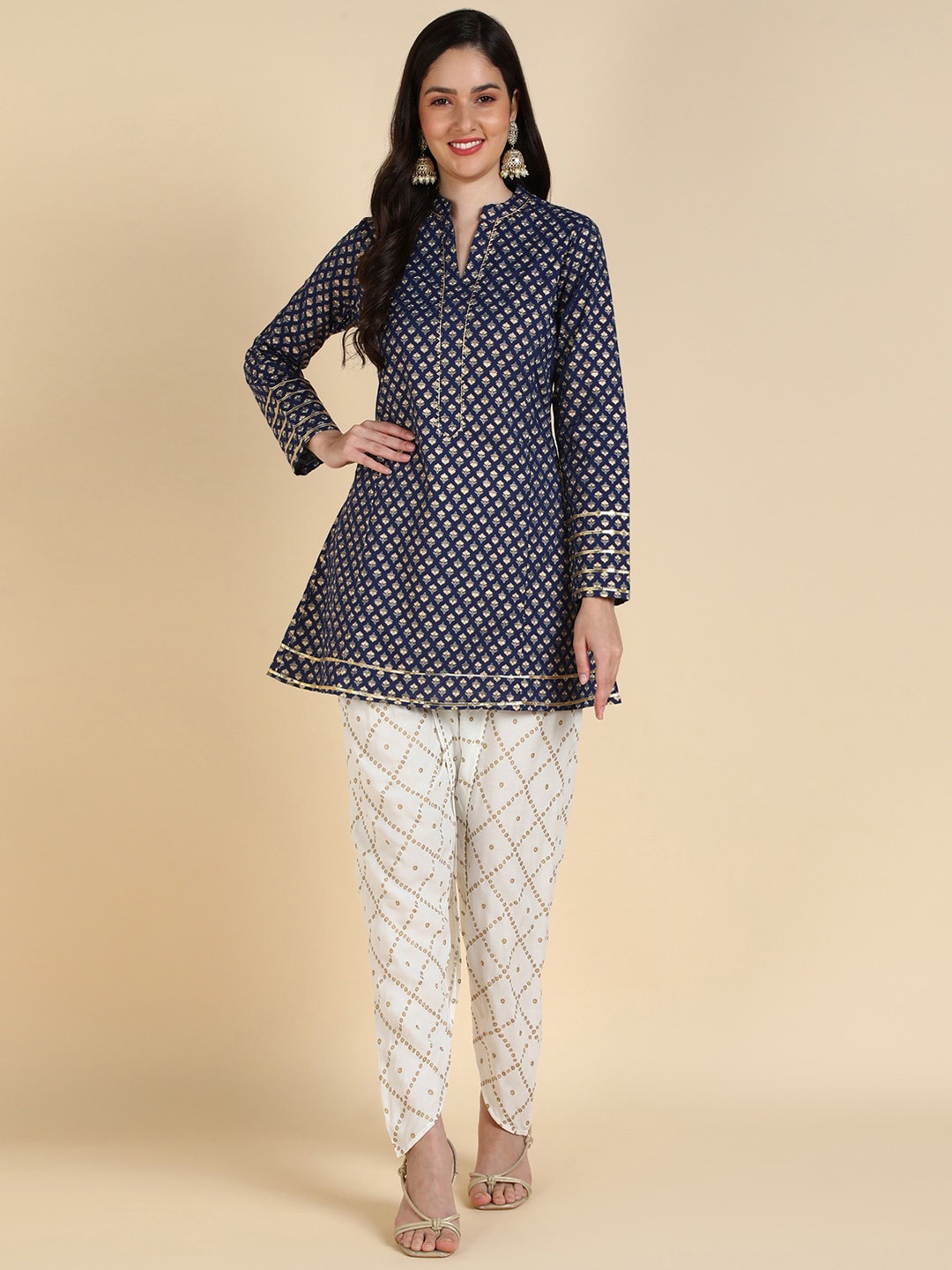 

HERE&NOW Ethnic Motifs Printed Regular Gotta Patti Pure Cotton Kurta with Dhoti Pants, Blue