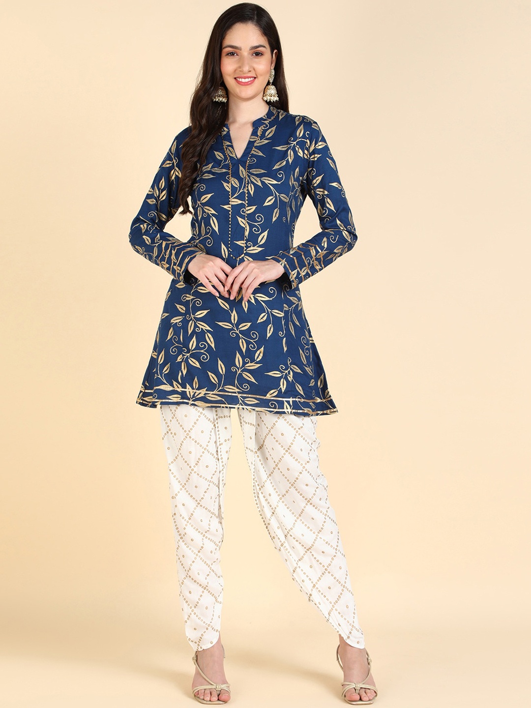 

HERE&NOW Ethnic Motifs Printed Regular Gotta Patti Kurti with Dhoti Pants, Blue