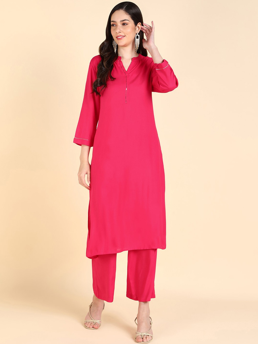 

HERE&NOW Mandarin Collar Straight Regular Kurta with Palazzos, Pink