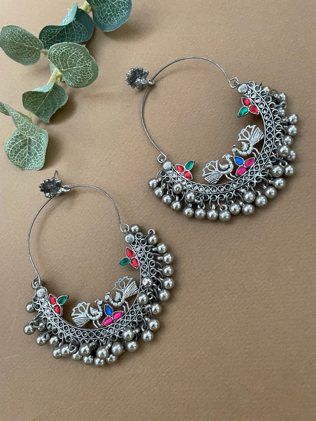 

Digital Dress Room Silver-Plated Kundan-Studded Oxidised Peacock Detail Chandbalis