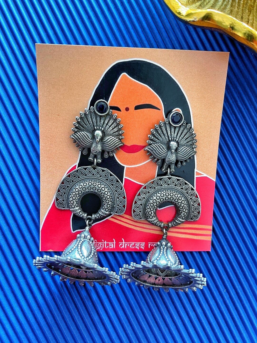 

Digital Dress Room Silver-Plated Peacock Shaped Oxidized Jhumkas