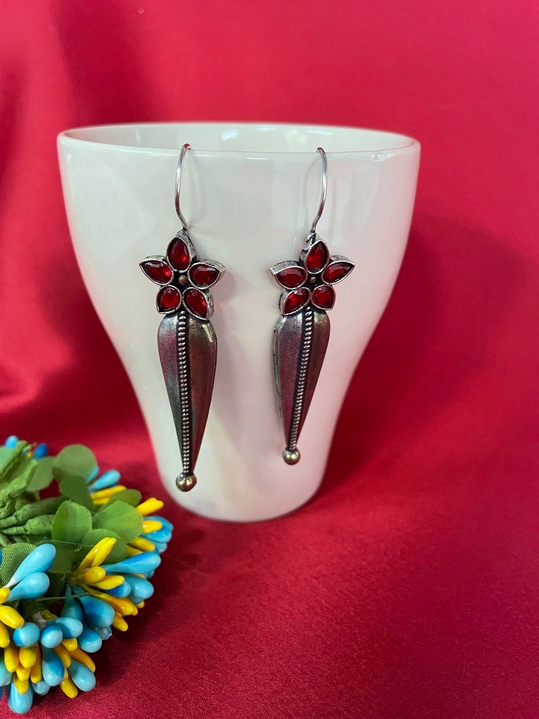 

Digital Dress Room Silver-Plated Floral Drop Oxidized Earrings