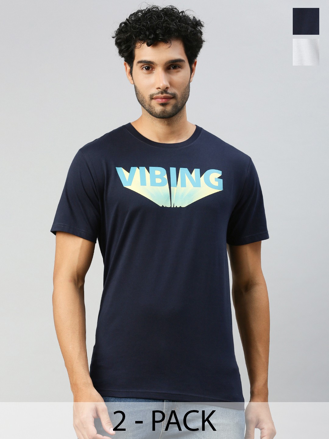 

Ramraj Pack Of 2 Typography Printed Pure Cotton T-shirt, Navy blue