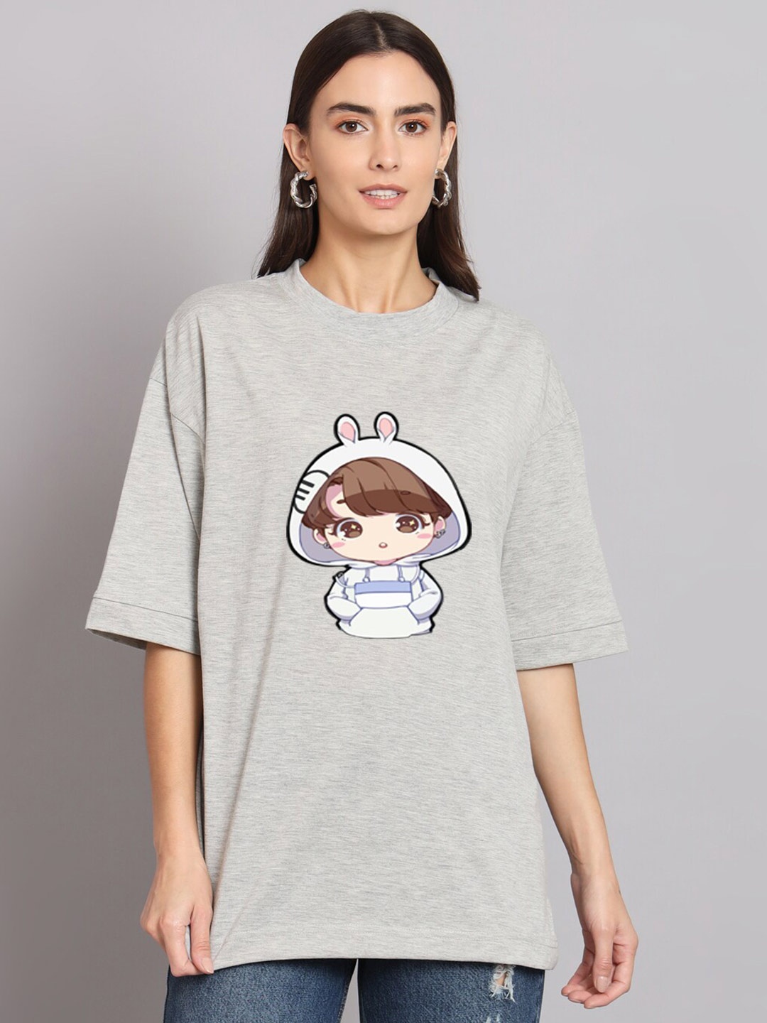 

Imsa Moda Graphic Printed Oversized Longline Cotton T-shirt, Grey