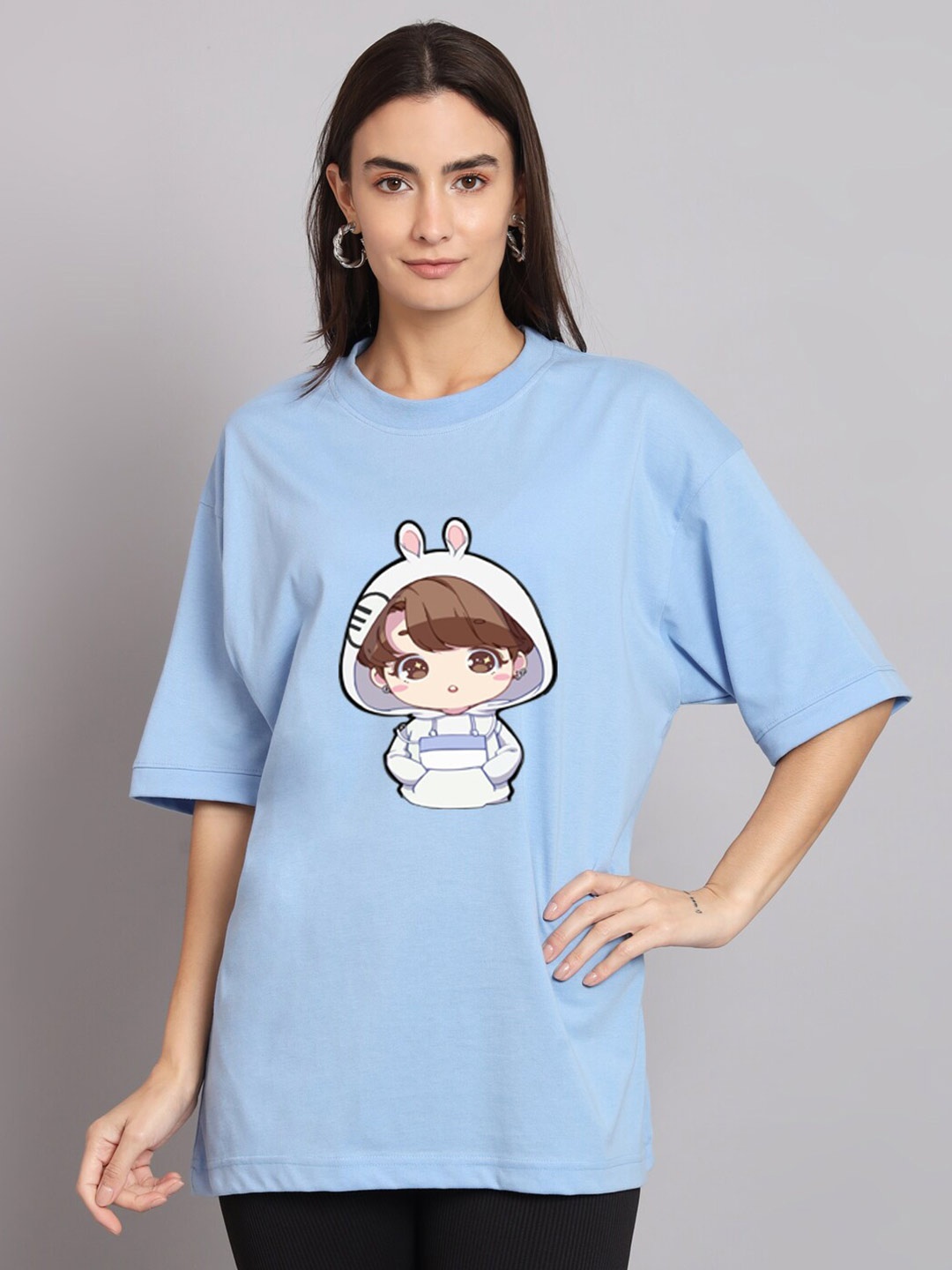 

Imsa Moda Graphic Printed Oversized Longline Cotton T-shirt, Blue