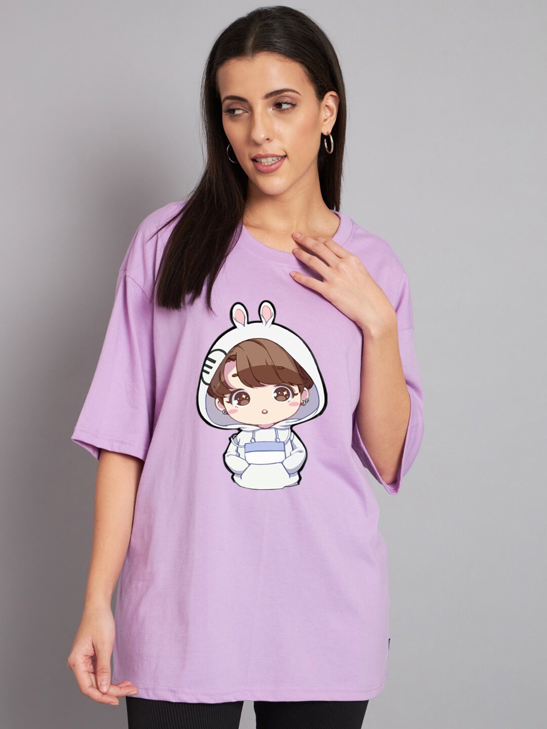 

Imsa Moda Graphic Printed Oversized Longline Cotton T-shirt, Lavender