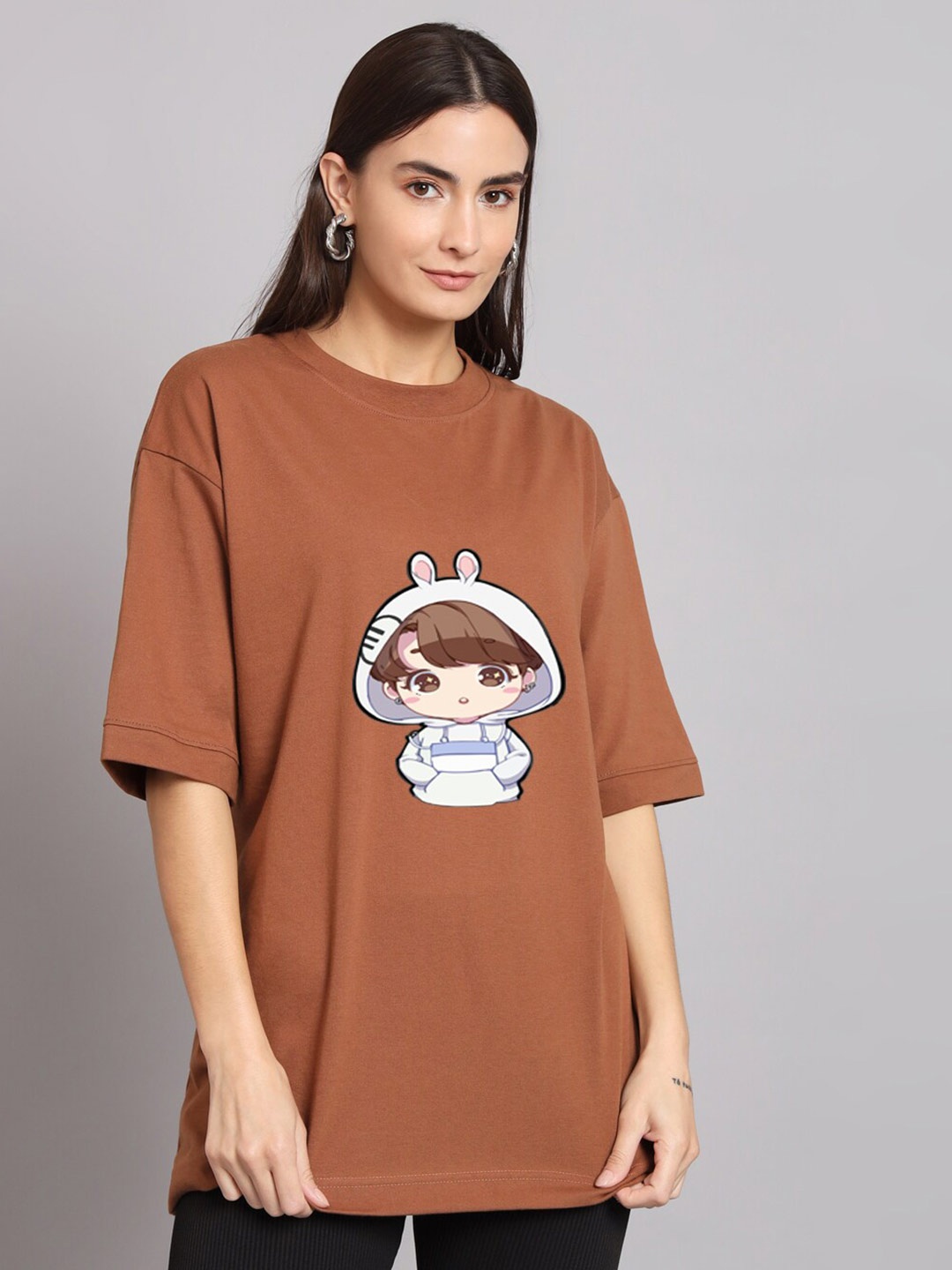 

Imsa Moda Graphic Printed Oversized Longline Cotton T-shirt, Brown
