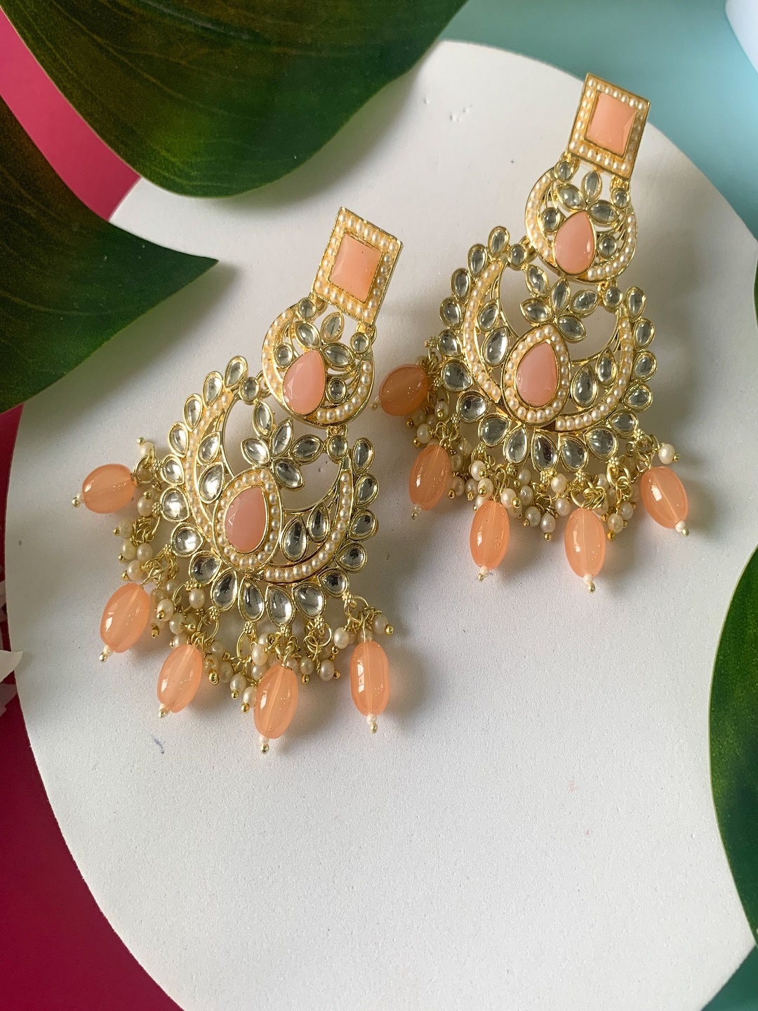 

I Jewels Gold-Plated Kundan & Pearl Beaded Chandbalis