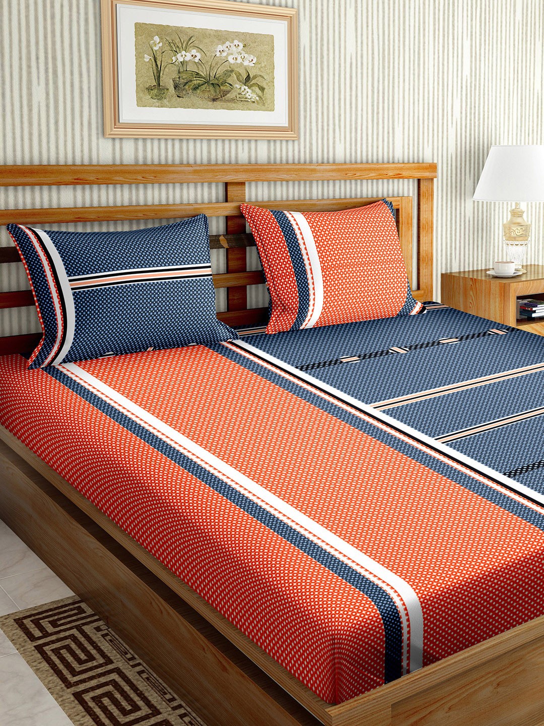 

BELLA CASA Stella Orange & Blue Geometric 180 TC Cotton King Bedsheet with 2 Pillow Covers