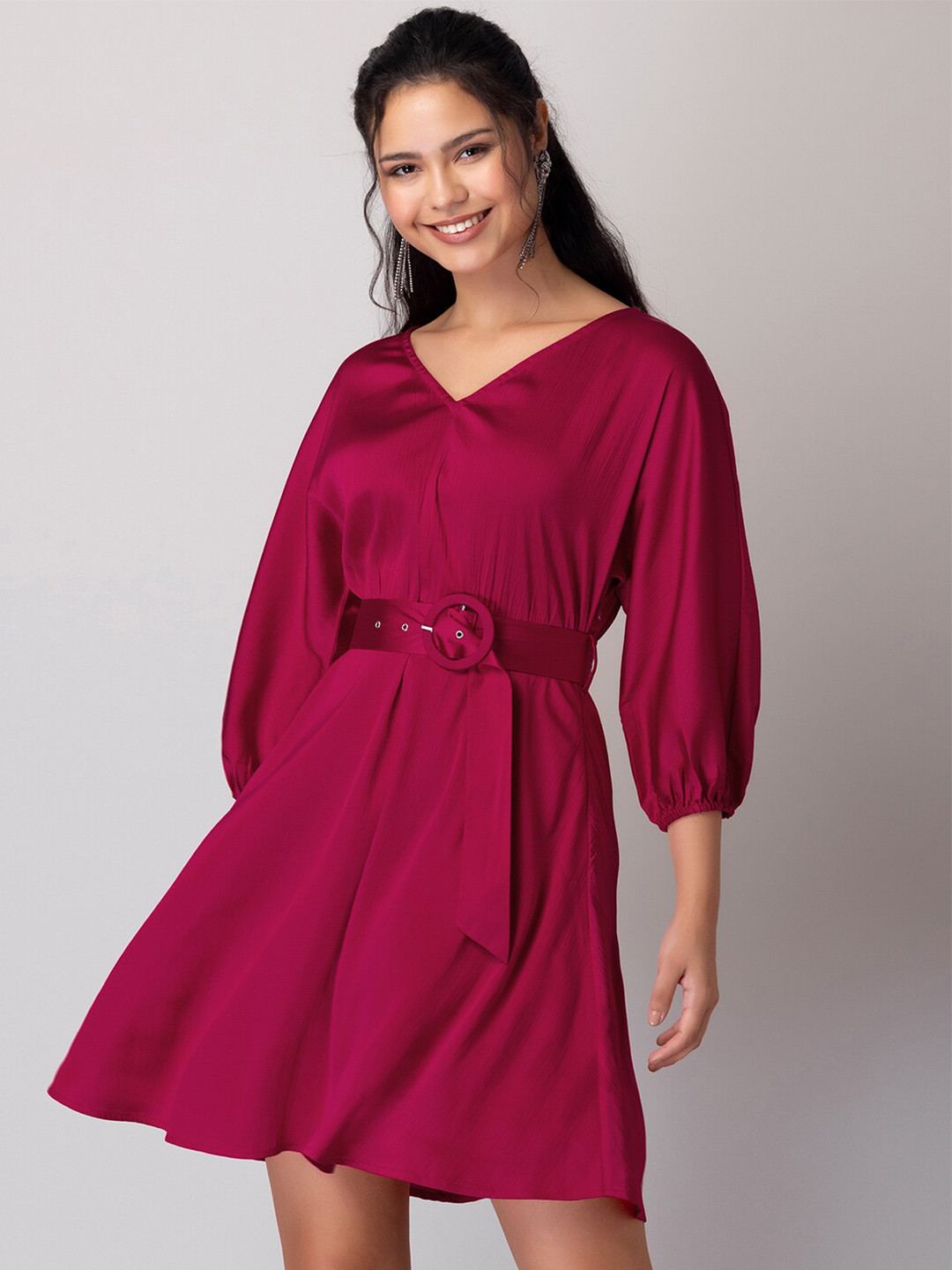

FabAlley Pink Puff Sleeves V-Neck A-line Dress