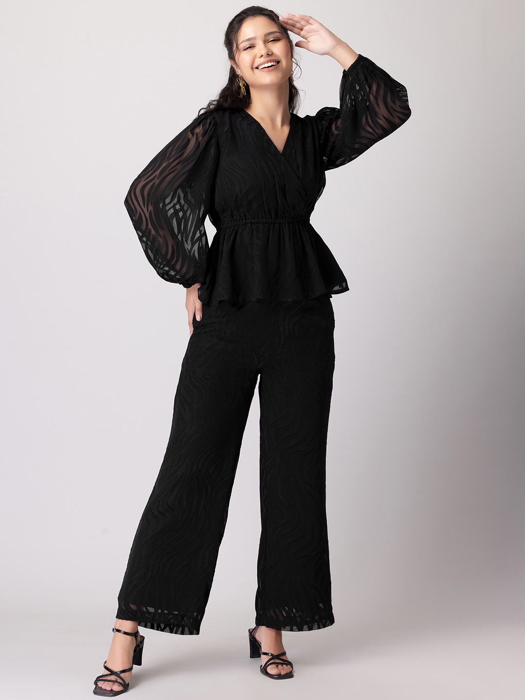 

FabAlley Self Design V-Neck Top & Trousers, Black