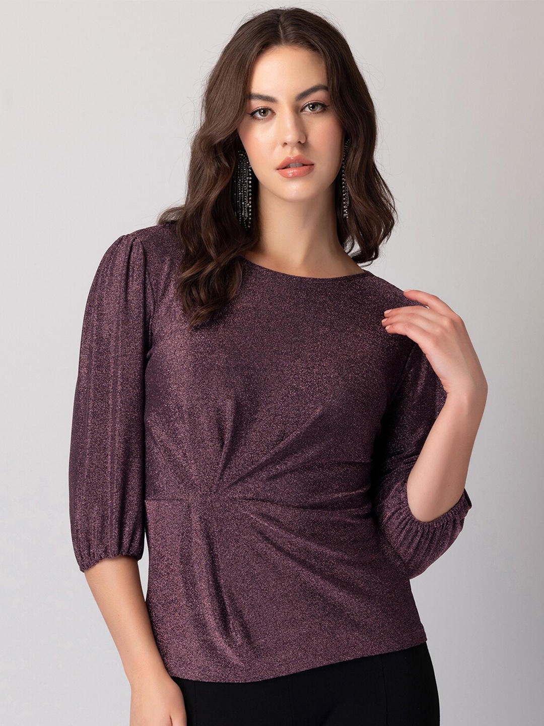 

FabAlley Embellished Puffed Sleeves Twisted Top, Maroon