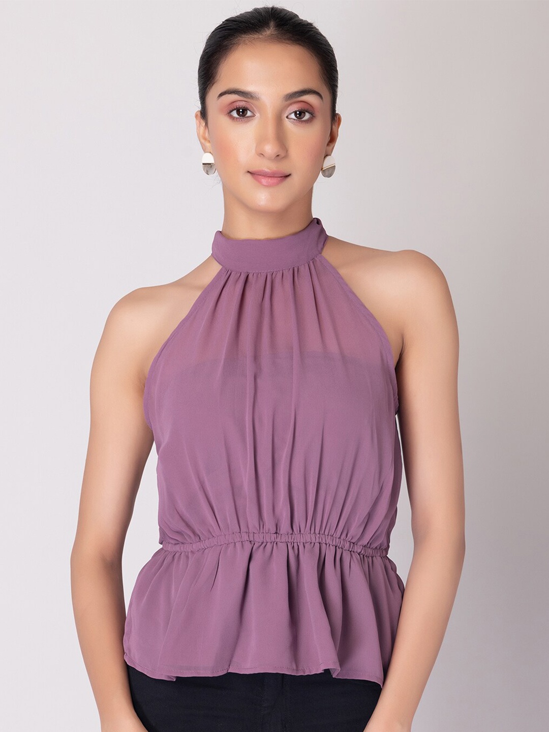 

FabAlley High Neck Georgette Cinched Waist Top, Purple