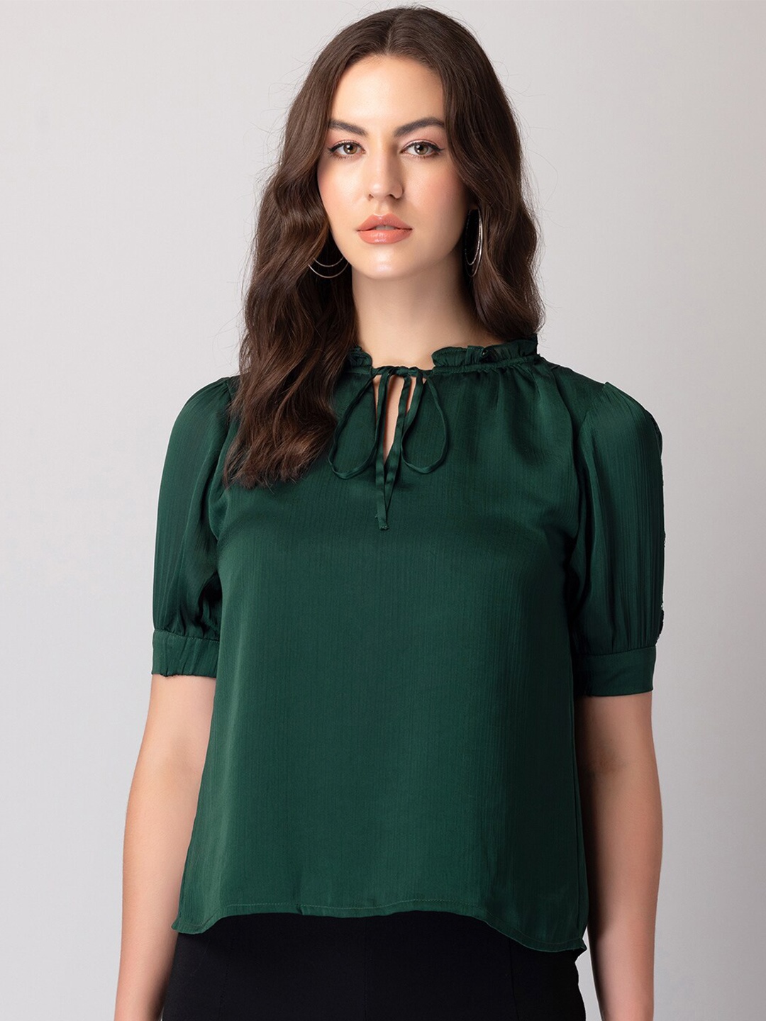 

FabAlley Tie-Up Neck Puffed Sleeves Top, Green