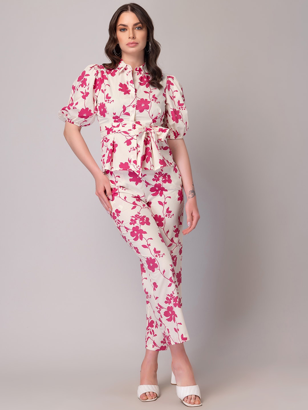 

FabAlley Floral Printed Puff Sleeves Shirt & Pants, White