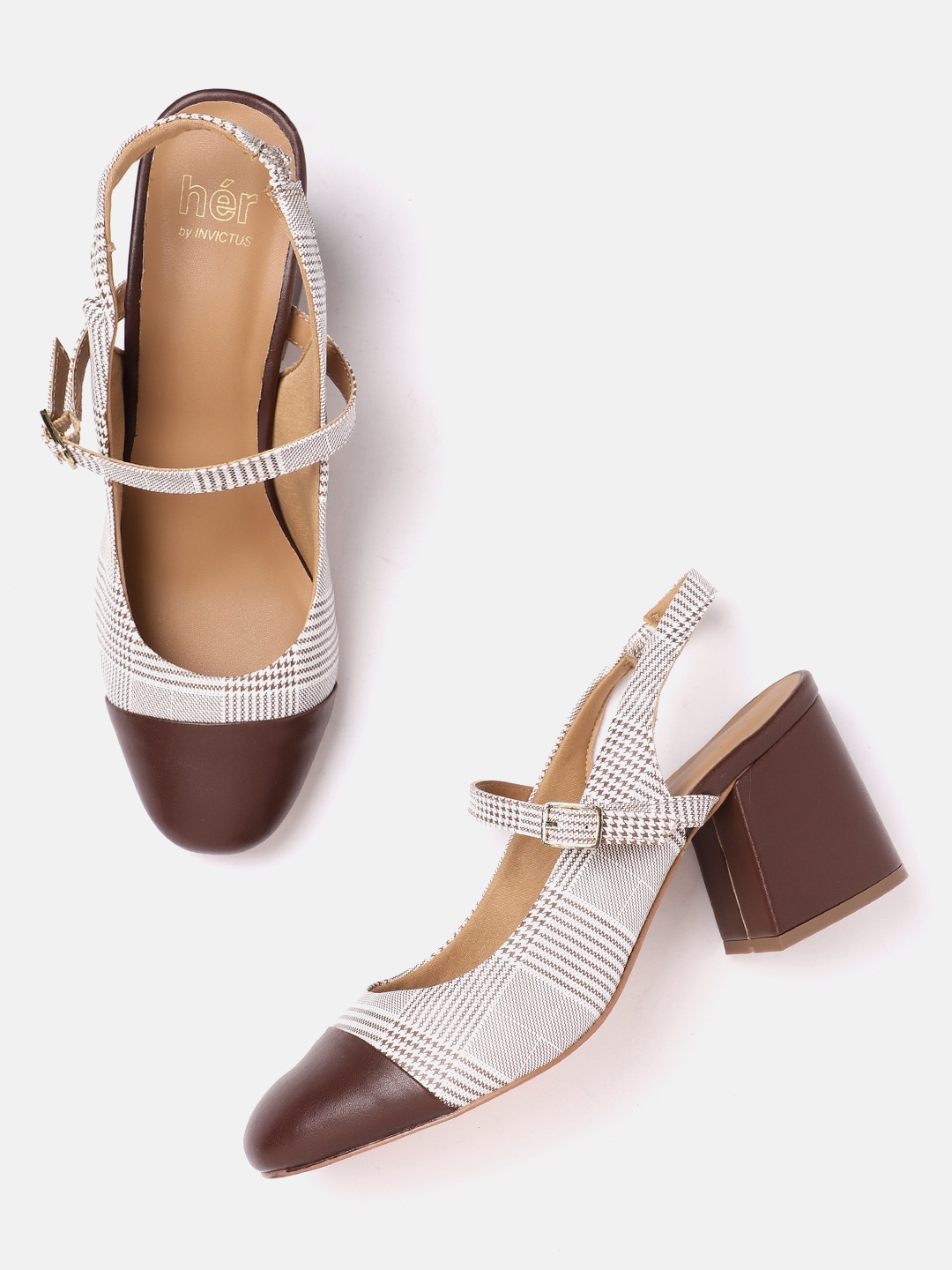 

her by invictus Colourblocked Block Heel Pumps with Checked Detail, White