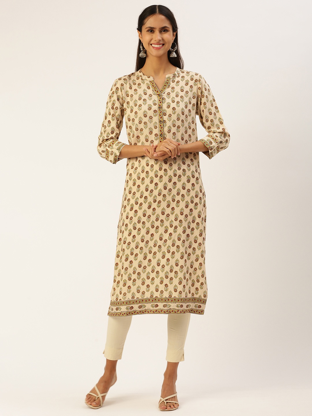 

AMUKTI Women Floral Printed Straight Kurta, Beige