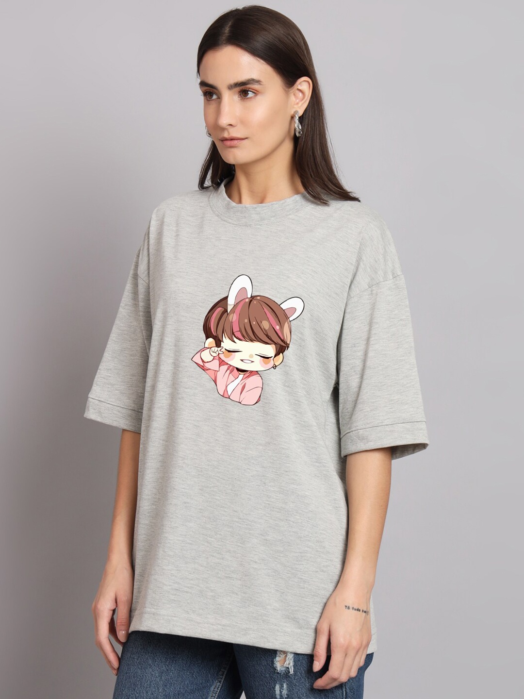 

Imsa Moda Graphic Printed Drop-Shoulder Sleeves Cotton T-shirt, Grey