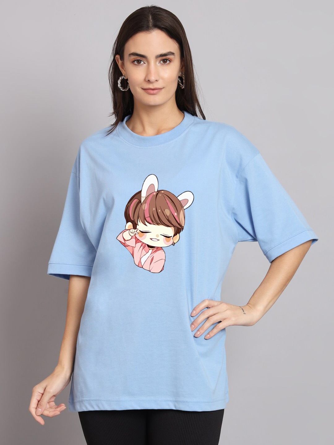 

Imsa Moda Graphic Printed Drop-Shoulder Sleeves Cotton T-shirt, Blue