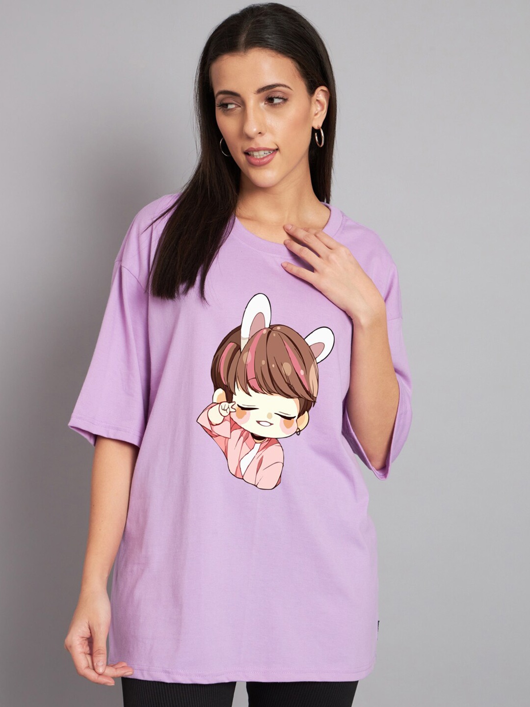 

Imsa Moda Graphic Printed Oversized Longline Cotton T-shirt, Lavender