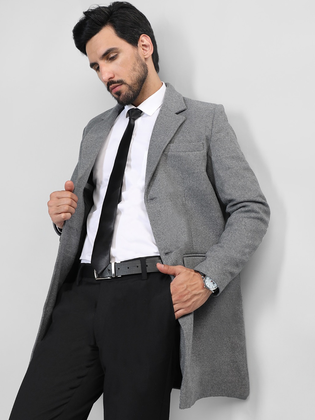 

HONNETE Single-Breasted Notched Lapel Longline Overcoat, Grey