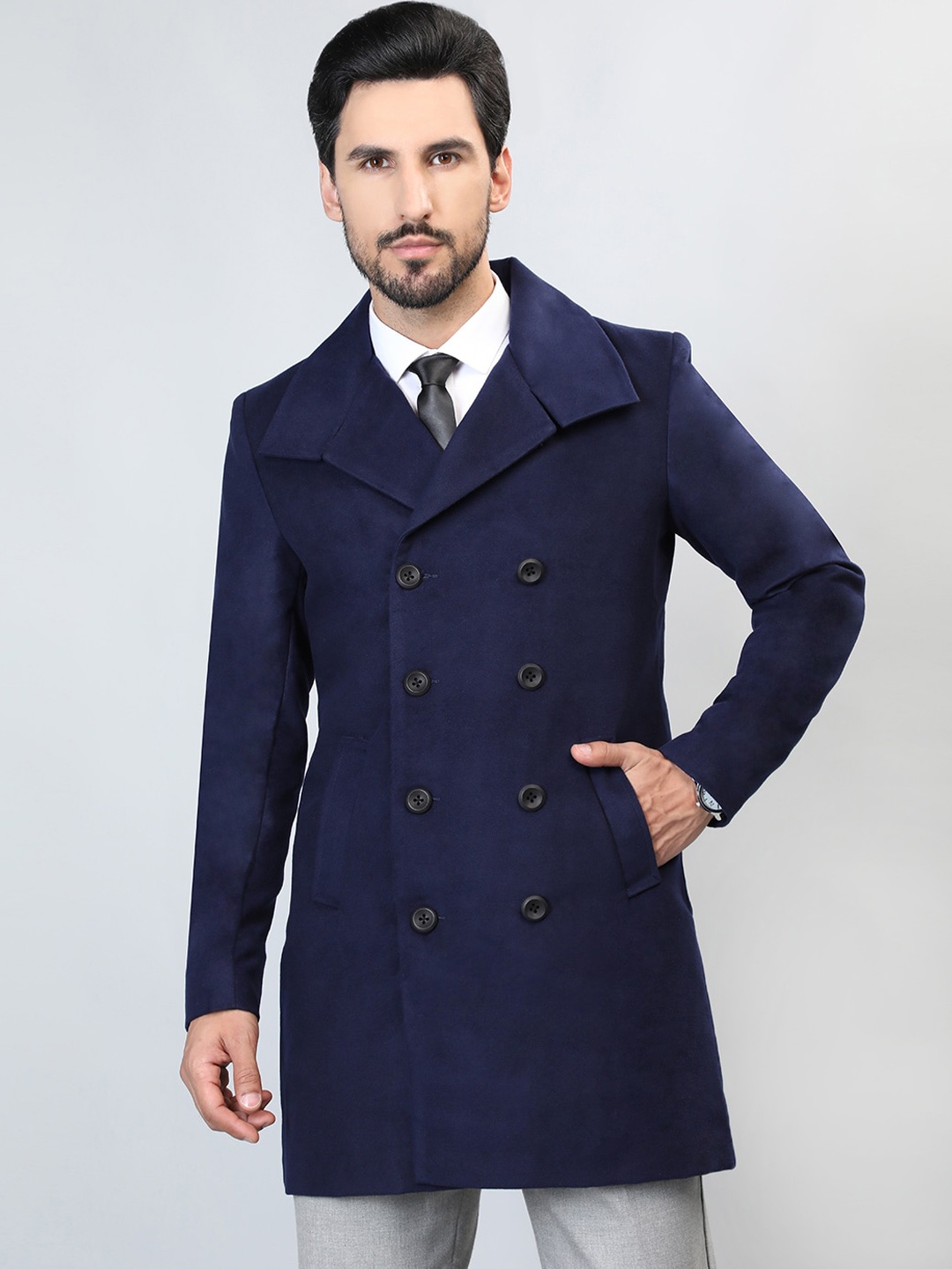 

HONNETE Double Breasted Longline Pea Coat, Navy blue