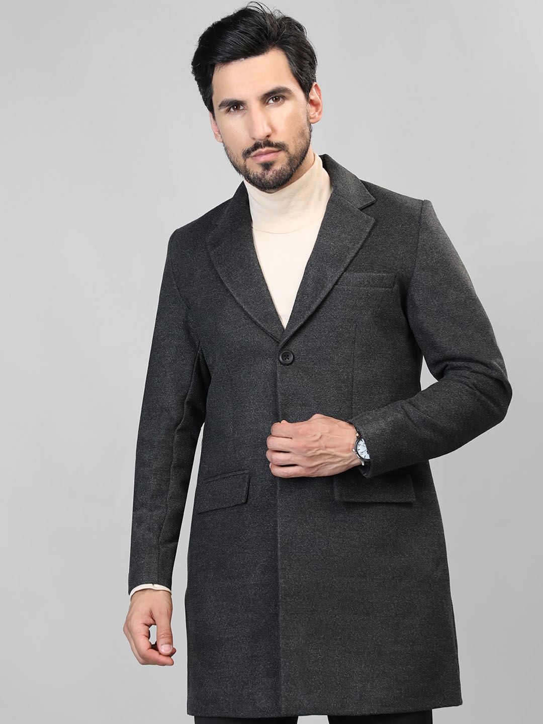 

HONNETE Single-Breasted Notched Lapel Longline Overcoat, Charcoal