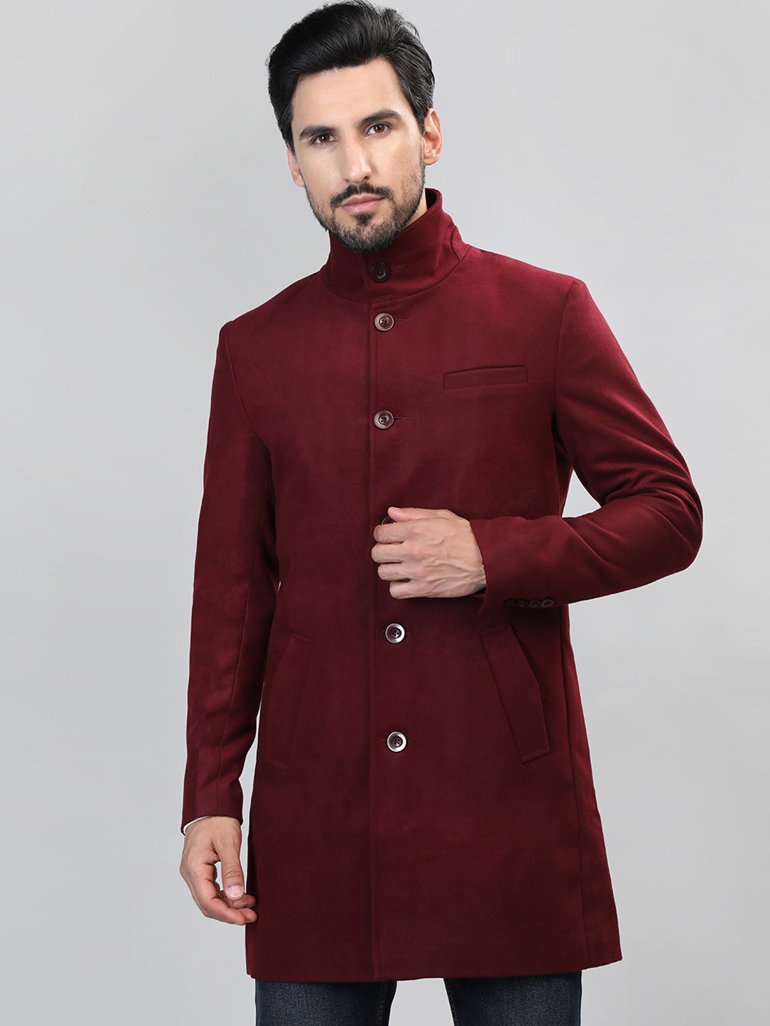 

HONNETE Single-Breasted Longline Overcoat, Maroon