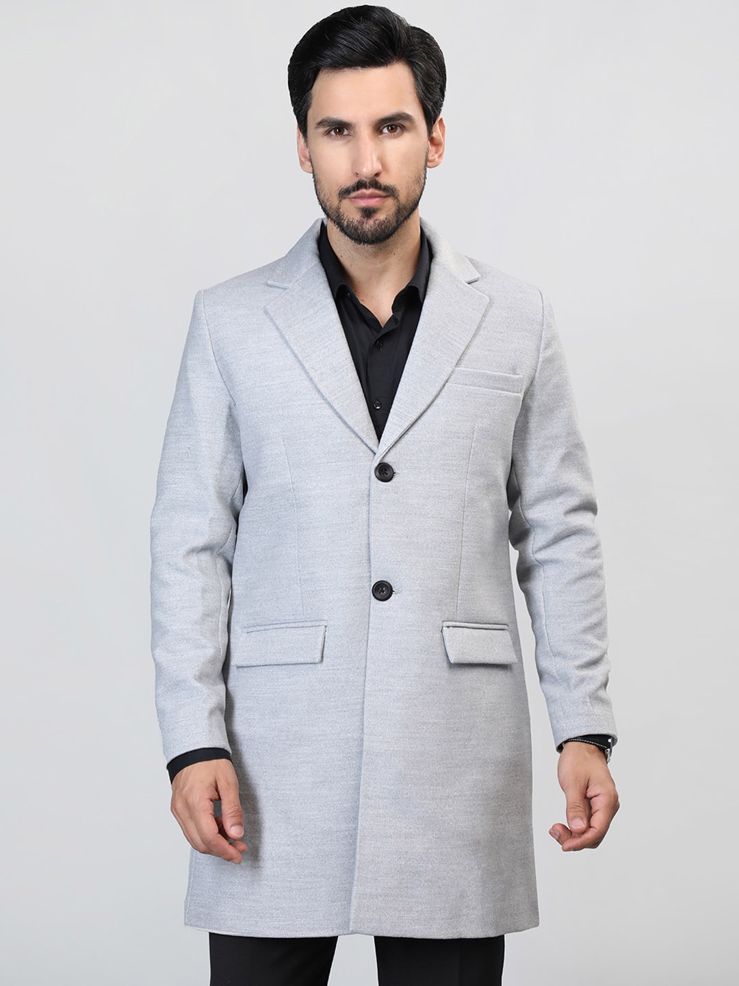 

HONNETE Single-Breasted Notched Lapel Longline Trench Coat, Grey