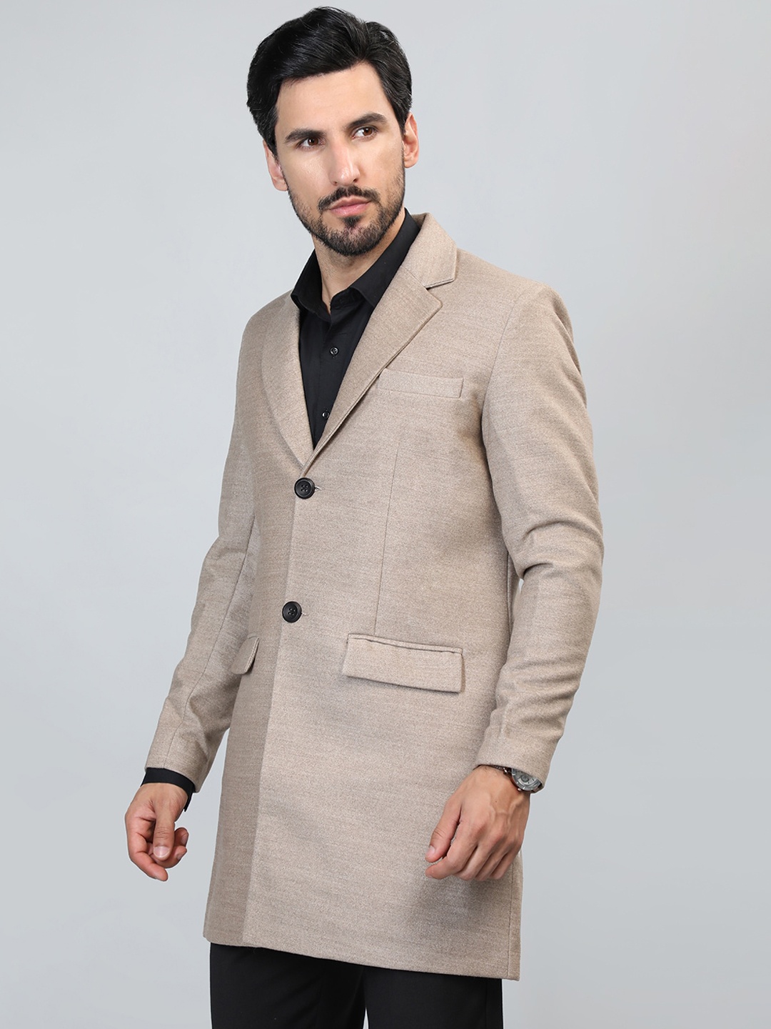 

HONNETE Single-Breasted Notched Lapel Longline Overcoat, Beige