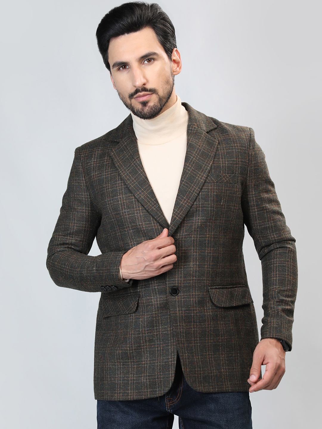 

HONNETE Checked Notched Lapel Single-Breasted Blazers, Olive