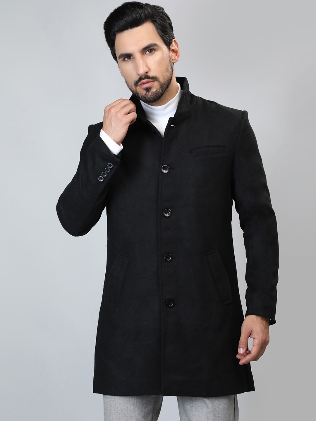 

HONNETE Single-Breasted Longline Trench Coat, Black