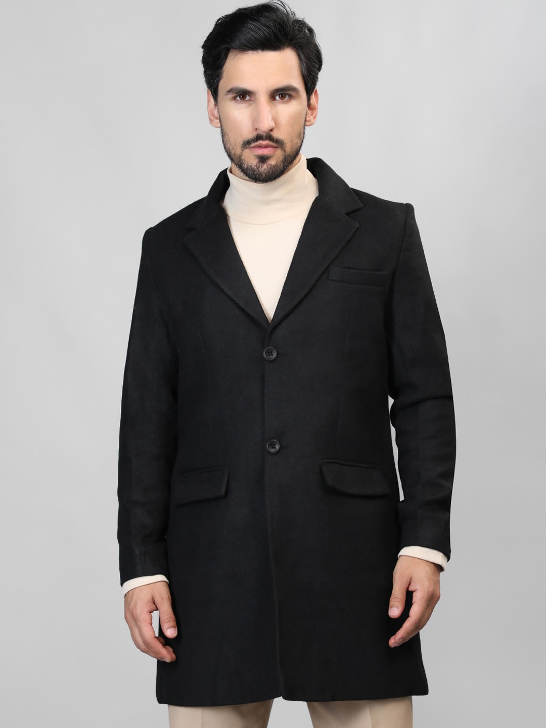 

HONNETE Single-Breasted Longline Trench Coat, Black