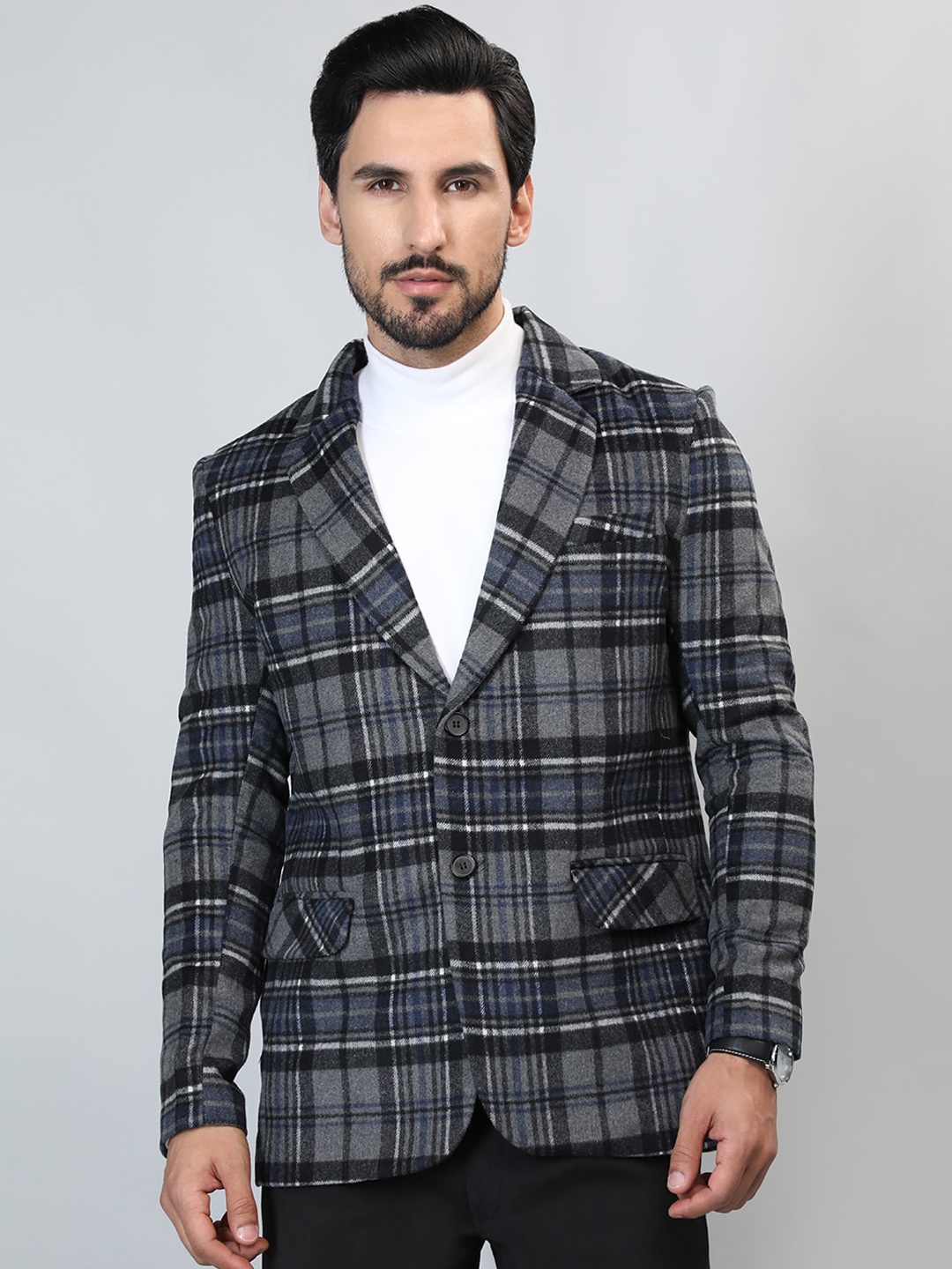 

HONNETE Checked Notched Lapel Single-Breasted Blazers, Grey