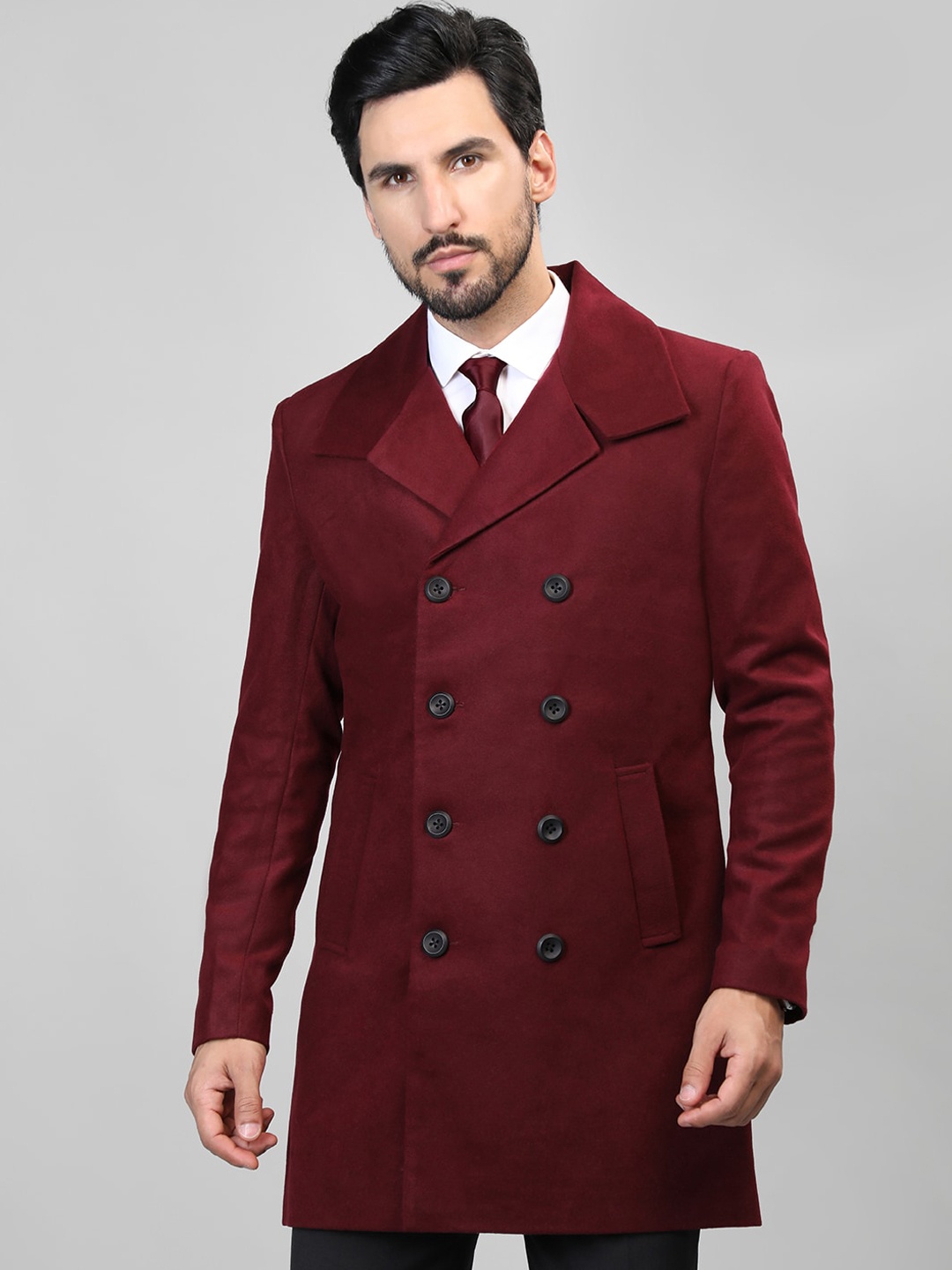 

HONNETE Double-Breasted Notched Lapel Longline Pea Coat, Maroon