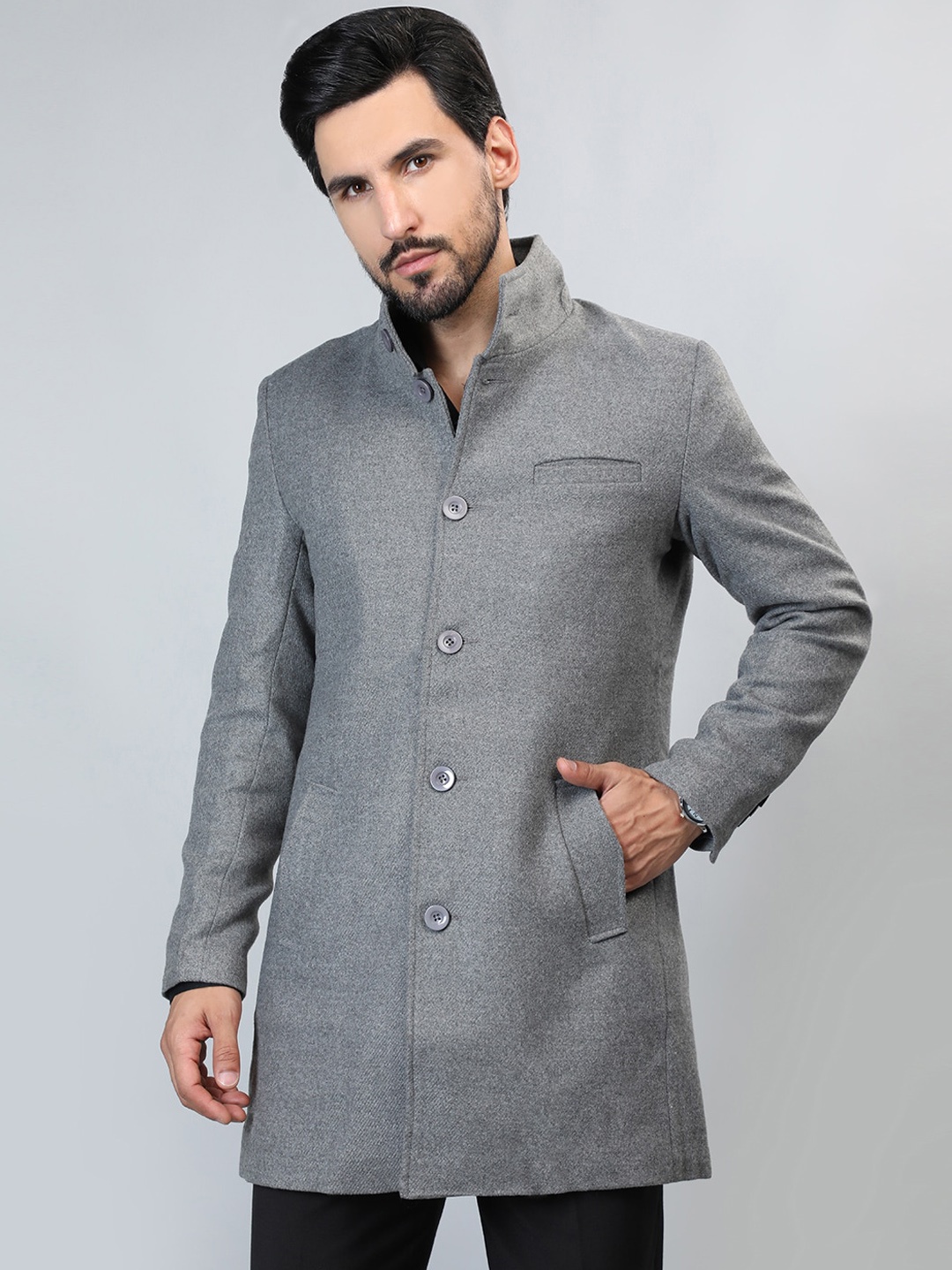 

HONNETE Single-Breasted Longline Trench Coat, Grey