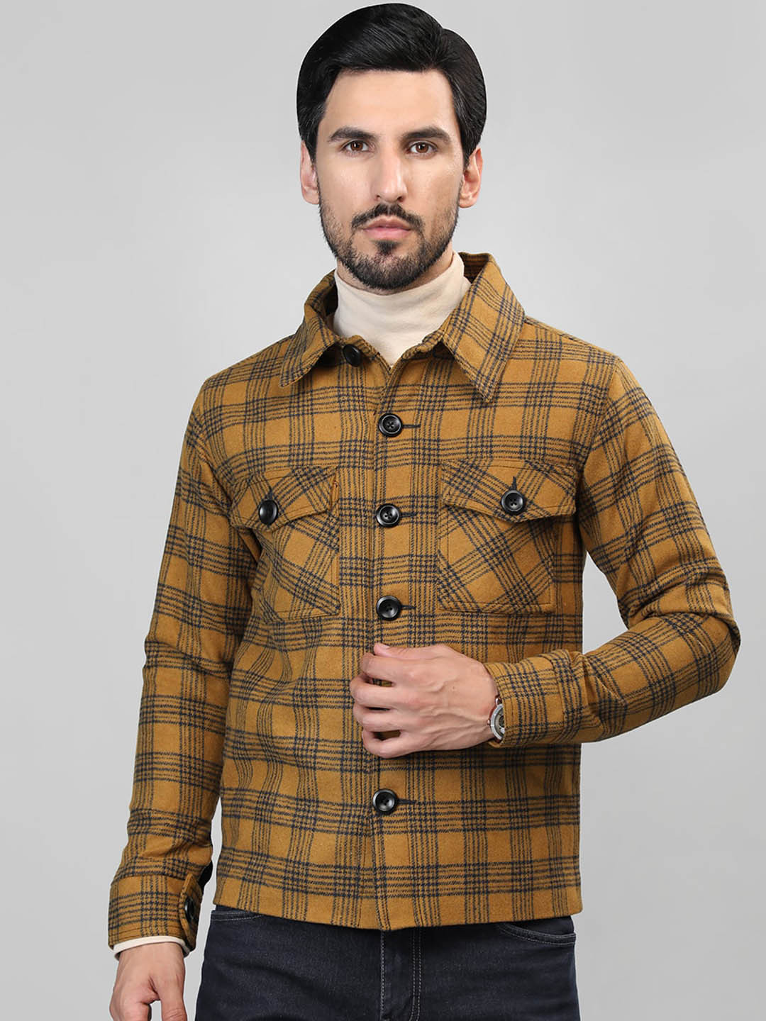 

HONNETE Checked Single-Breasted Shirt Style Coat, Yellow