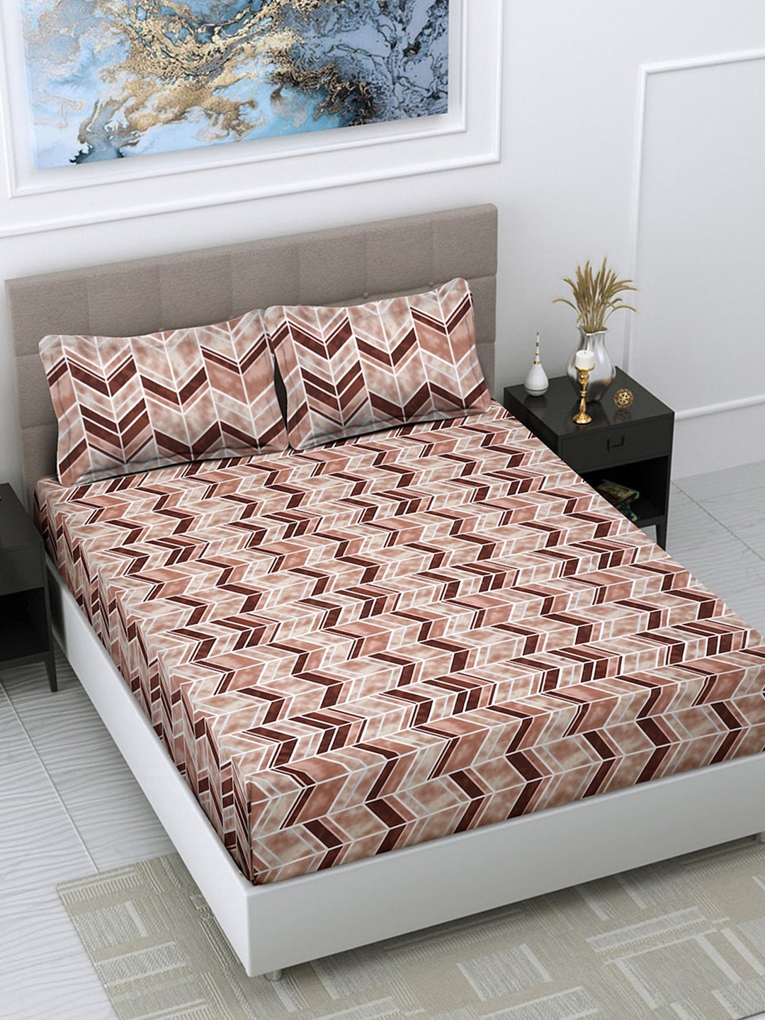 

FABINALIV Brown & White Printed 300 TC Super King Bedsheet Size with 2 Pillow Covers