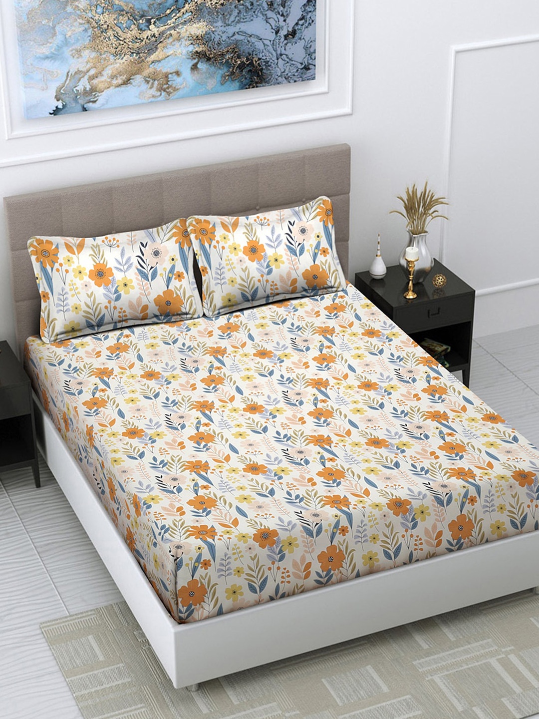 

FABINALIV White & Orange Floral Print 300 TC Super King Size Bedsheet with 2 Pillow Covers