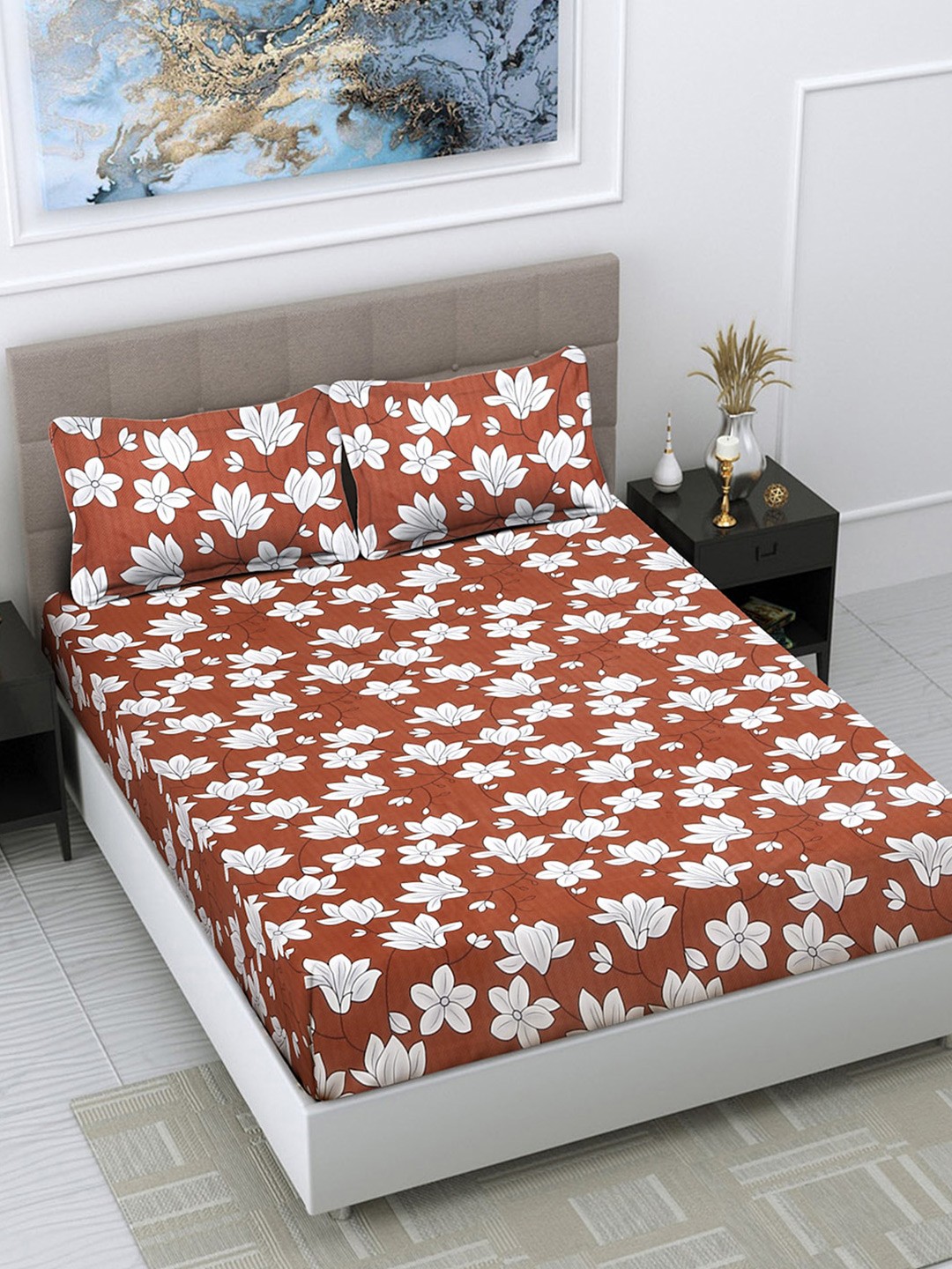 

FABINALIV Rust & White Floral Print 300 TC Super King Size Bedsheet with 2 Pillow Covers