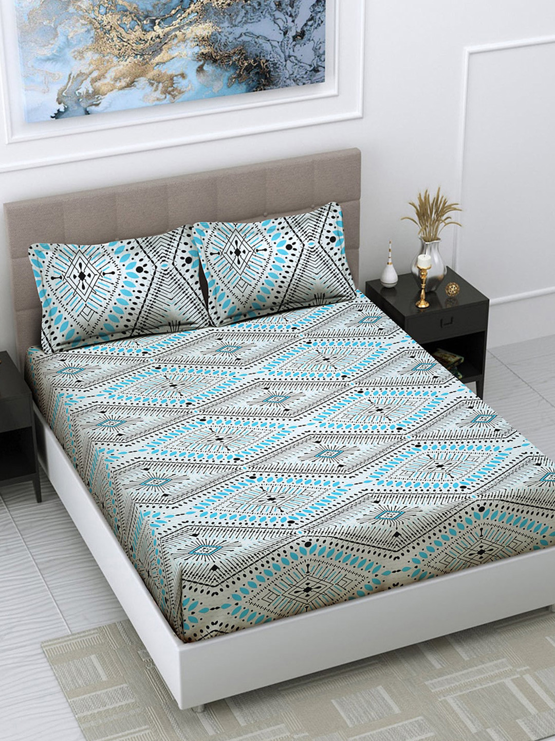

FABINALIV Blue & Black Geometric Print 300 TC Super King Size Bedsheet & 2 Pillow Covers