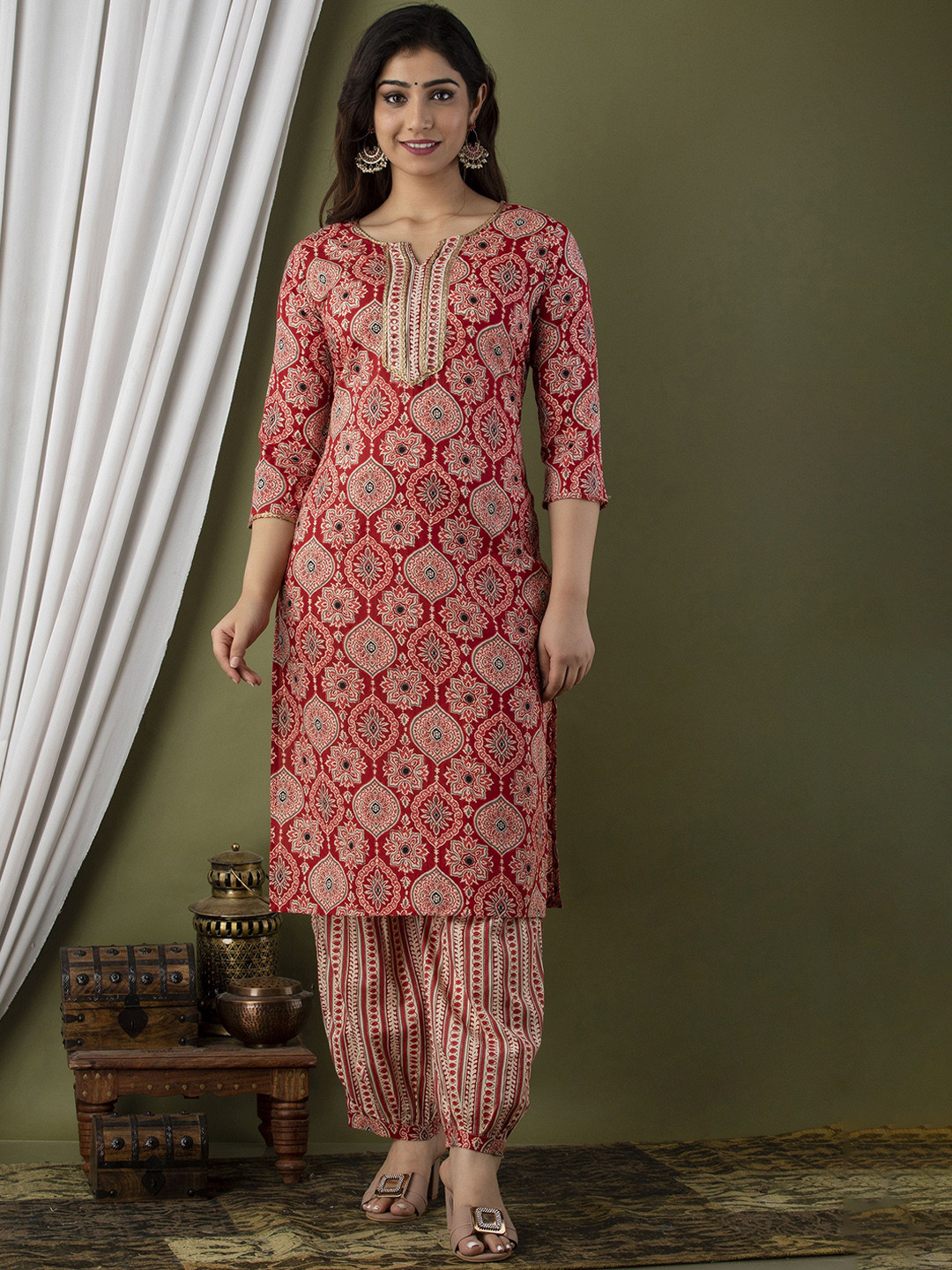 

KALINI Ethnic Motifs Printed Notched Neck Pure Cotton Kurta & Salwar, Red